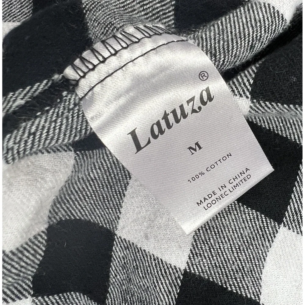 Latuza Sleepshirt Womens Medium Black & White Plaid Long‎ Sleeve Flannel